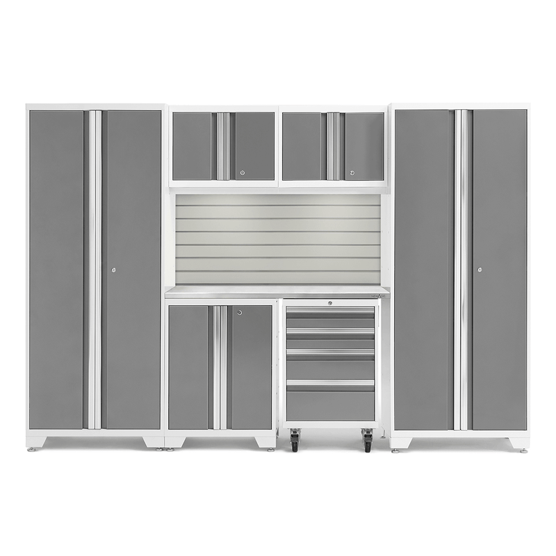 NewAge Products Bold Platinum 7-Piece Garage Storage Cabinet Set with Stainless Steel Worktop, LED Lights and Steel Slatwall Backsplash