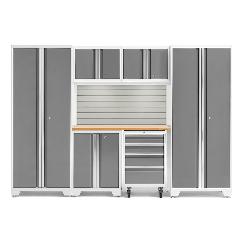 NewAge Products Bold Platinum 7-Piece Garage Storage Cabinet Set with Bamboo Worktop, LED Lights and Steel Slatwall Backsplash