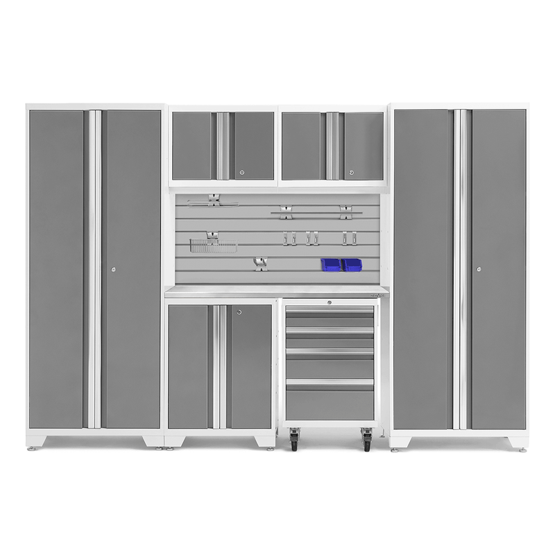 NewAge Products Bold Platinum 7-Piece Garage Storage Cabinet System with Stainless Steel Worktop, Steel Slatwall Backsplash and Hook Accessory Kit