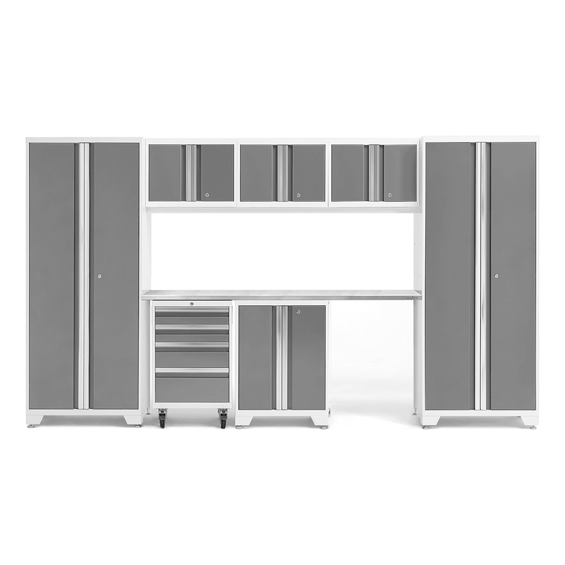 NewAge Products Bold Platinum 8-Piece Garage Cabinet System with Stainless Steel Worktop