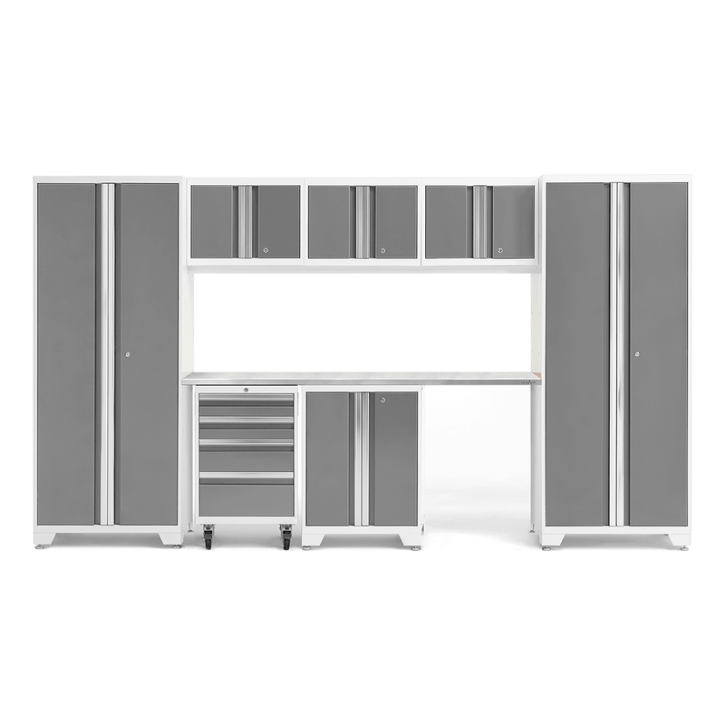 NewAge Products Bold Platinum 8-Piece Garage Storage Cabinet System with Stainless Steel Worktop and LED Lights