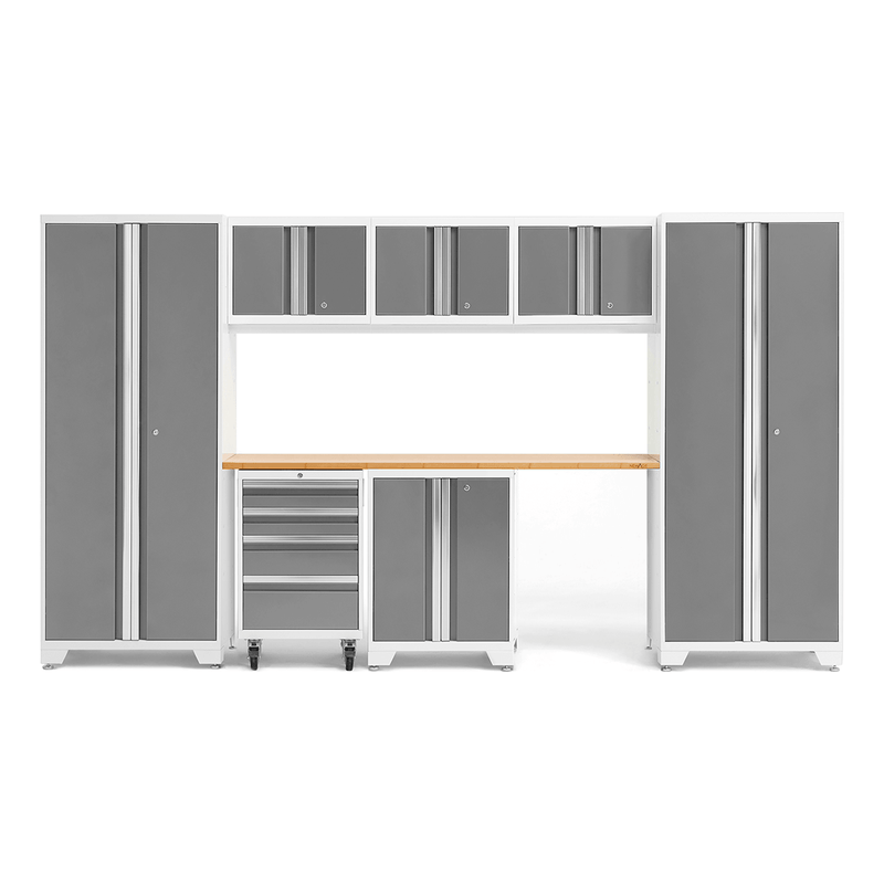 NewAge Products Bold Platinum 8-Piece Garage Storage Cabinet System with Bamboo Worktop and LED Lights