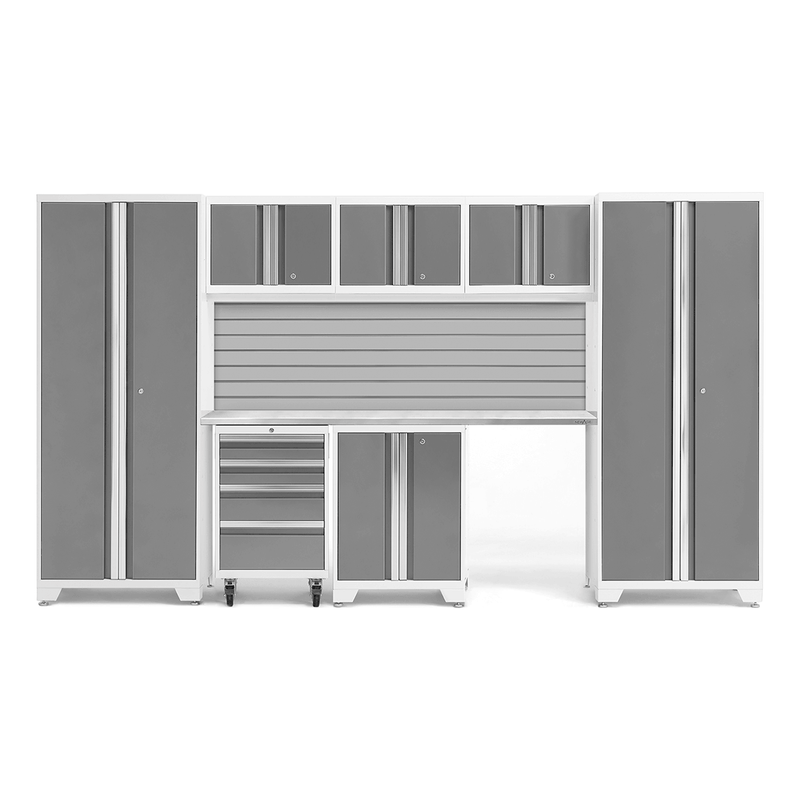 NewAge Products Bold Platinum 8-Piece Garage Cabinet Set with Stainless Steel Worktop and Steel Slatwall Backsplash