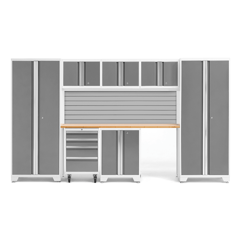 NewAge Products Bold Platinum 8-Piece Garage Cabinet Set with Bamboo Worktop and Steel Slatwall Backsplash