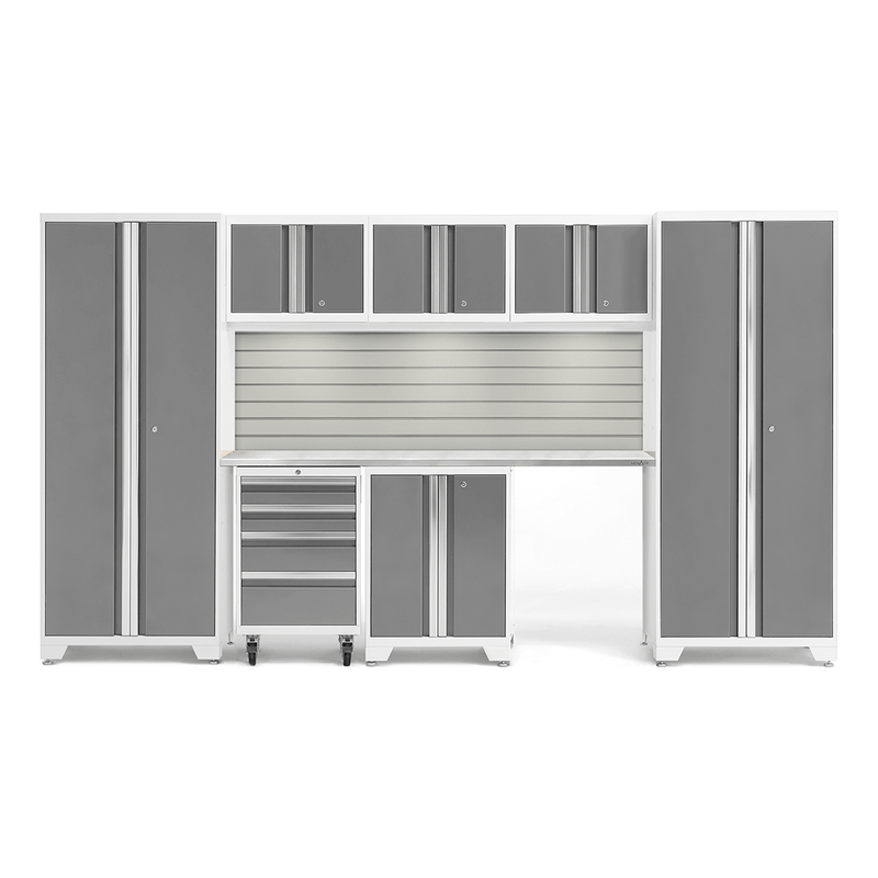 NewAge Products Bold Platinum 8-Piece Garage Cabinet Set with Stainless Steel Worktop, LED Lights and Steel Slatwall Backsplash