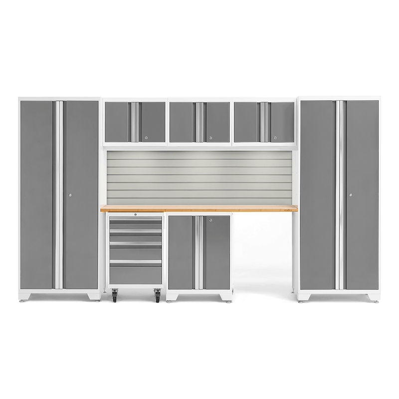 NewAge Products Bold Platinum 8-Piece Garage Cabinet Set with Bamboo Worktop, LED Lights and Steel Slatwall Backsplash
