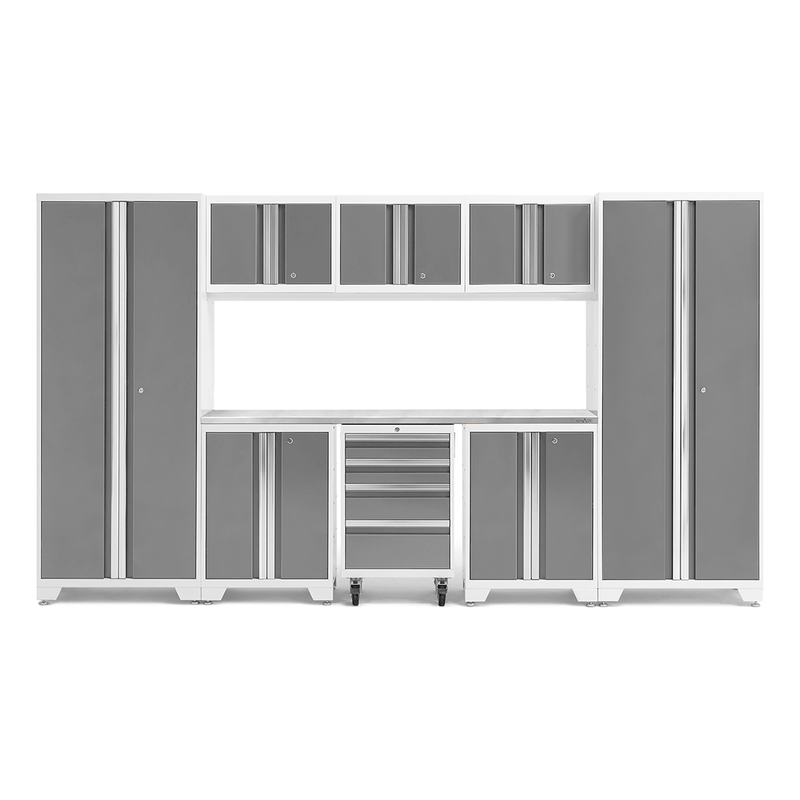 NewAge Products Bold Platinum 9-Piece Garage Cabinet System with Stainless Steel Worktop