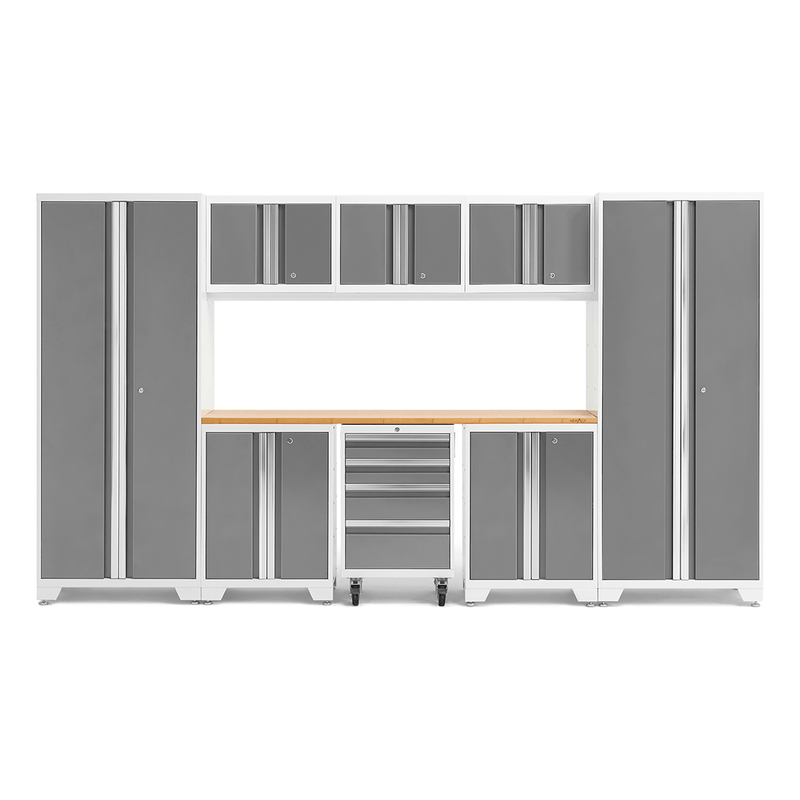 NewAge Products Bold Platinum 9-Piece Garage Cabinet Set with Bamboo Worktop and LED Lights
