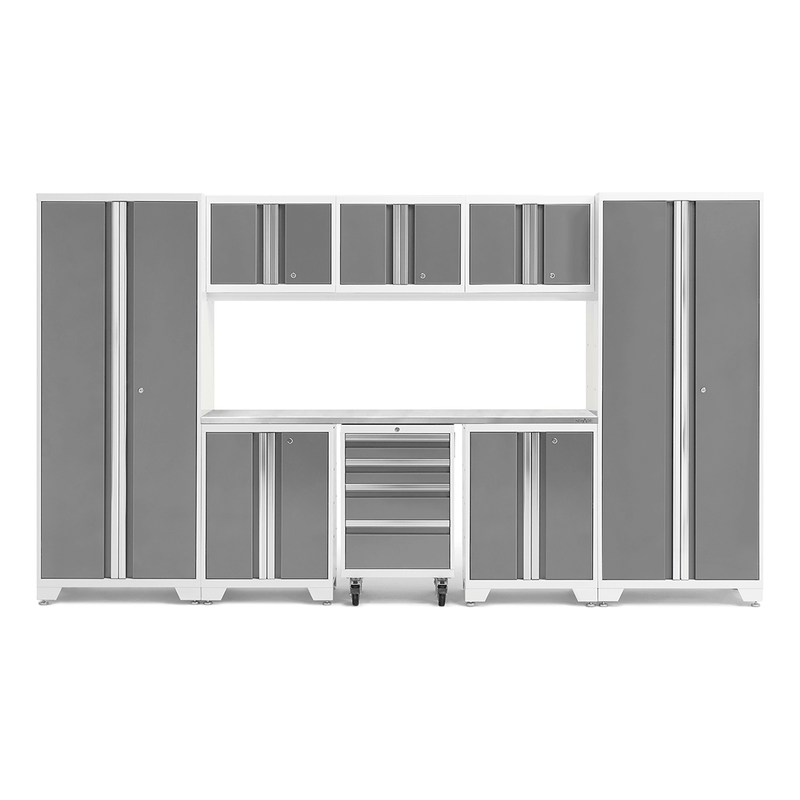NewAge Products Bold Platinum 9-Piece Garage Cabinet Set with Stainless Steel Worktop and LED Lights