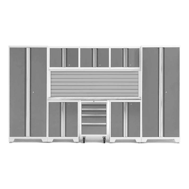 NewAge Products Bold Platinum 9-Piece Garage Cabinet Set with Stainless Steel Worktop and Steel Slatwall Backsplash