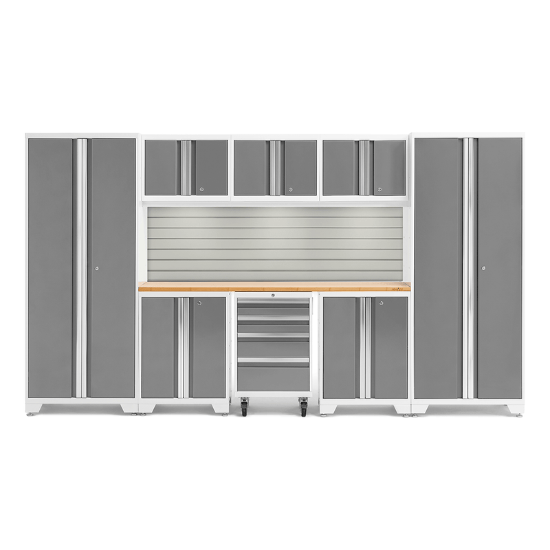 NewAge Products Bold Platinum 9-Piece Garage Cabinet Set with Bamboo Worktop, LED Lights and Steel Slatwall Backsplash