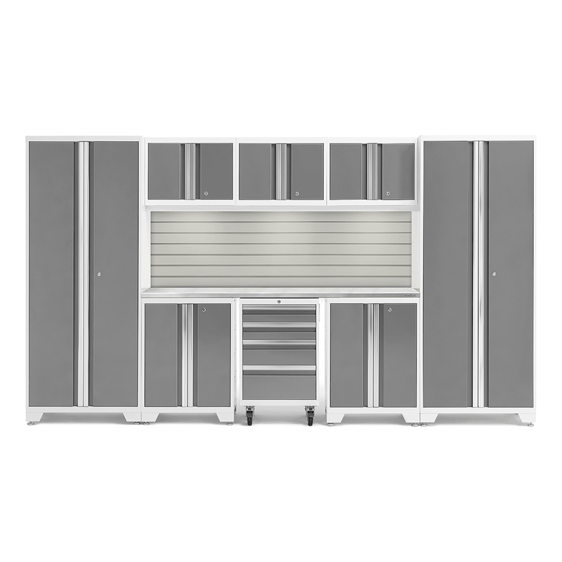 NewAge Products Bold Platinum 9-Piece Garage Cabinet Set with Stainless Steel Worktop, LED Lights and Steel Slatwall Backsplash