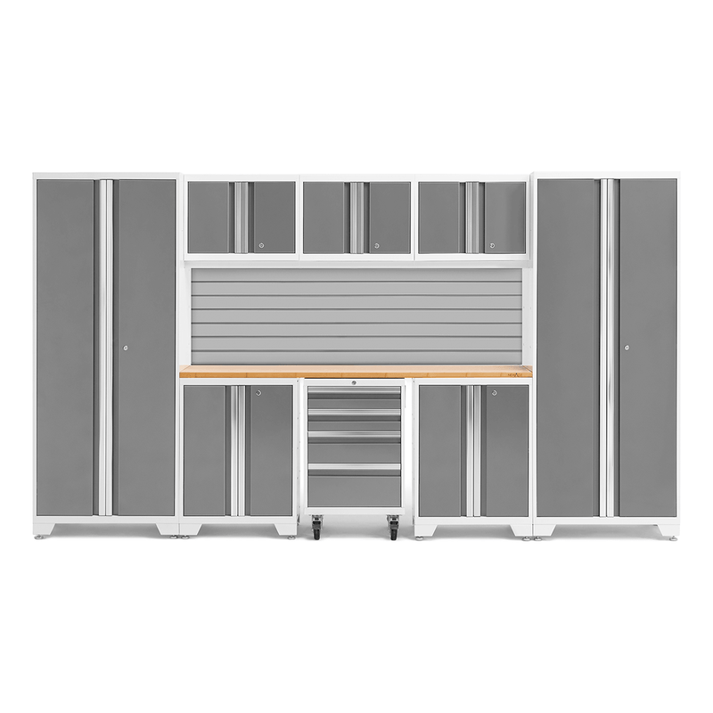 NewAge Products Bold Platinum 9-Piece Garage Cabinet Set with Bamboo Worktop and Steel Slatwall Backsplash
