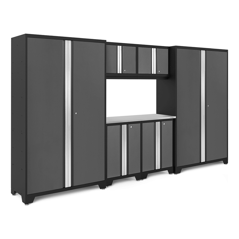 NewAge Products Bold Grey 7-Piece RTA Garage Cabinetry Set with Stainless Steel Worktop