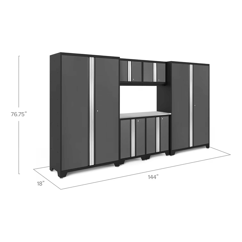 NewAge Products Bold Grey 7-Piece RTA Garage Cabinetry Set with Stainless Steel Worktop