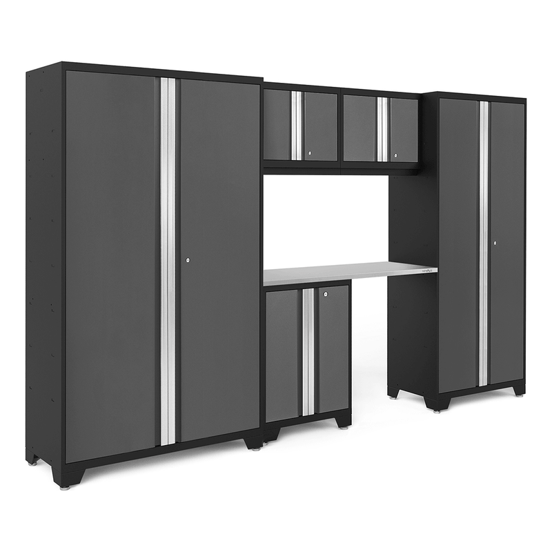 NewAge Products Bold Grey 6-Piece RTA Garage Cabinetry Set with Stainless Steel Worktop
