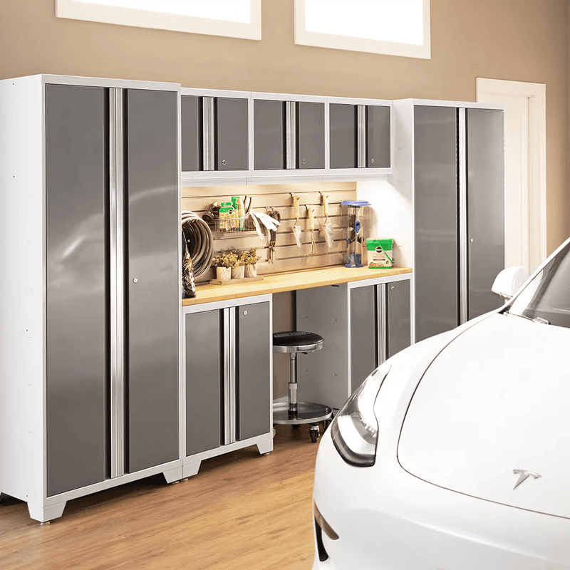 NewAge Products Bold Platinum 6-Piece RTA Garage Cabinet System with Stainless Steel Worktop