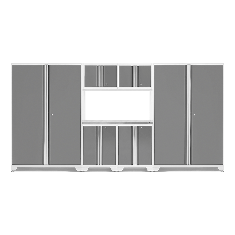NewAge Products Bold Platinum 7-Piece RTA Garage Cabinetry Set with Stainless Steel Worktop