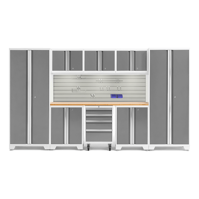 NewAge Products Bold Platinum 9-Piece Garage Cabinet Set with Bamboo Worktop, LED Lights, Steel Slatwall Backsplash and Hook Accessory Kit