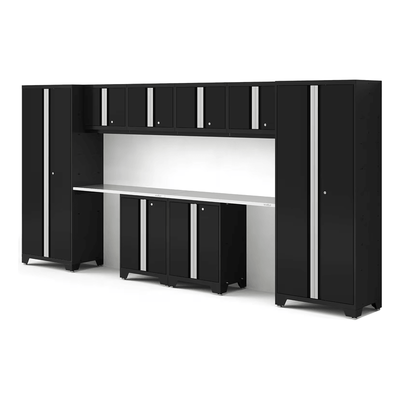 NewAge Products Bold Black 10-Piece Garage Cabinet System with Stainless Steel Worktops