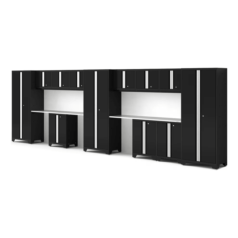 NewAge Products Bold Black 14-Piece Garage Cabinet Set with Stainless Steel Worktops