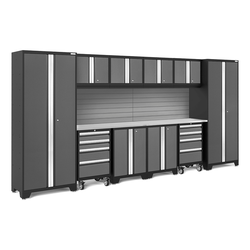 NewAge Products Bold Grey 12-Piece Garage Cabinet Set with Stainless Steel Worktops and LED Lights