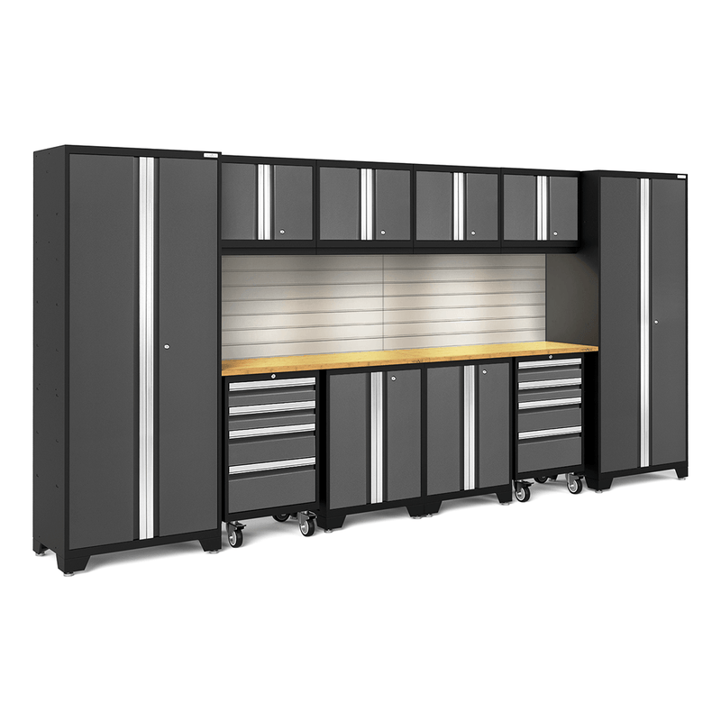 NewAge Products Bold Grey 12-Piece Garage Cabinet Set with Bamboo Worktops, LED Lights and Steel Slatwall Backsplash