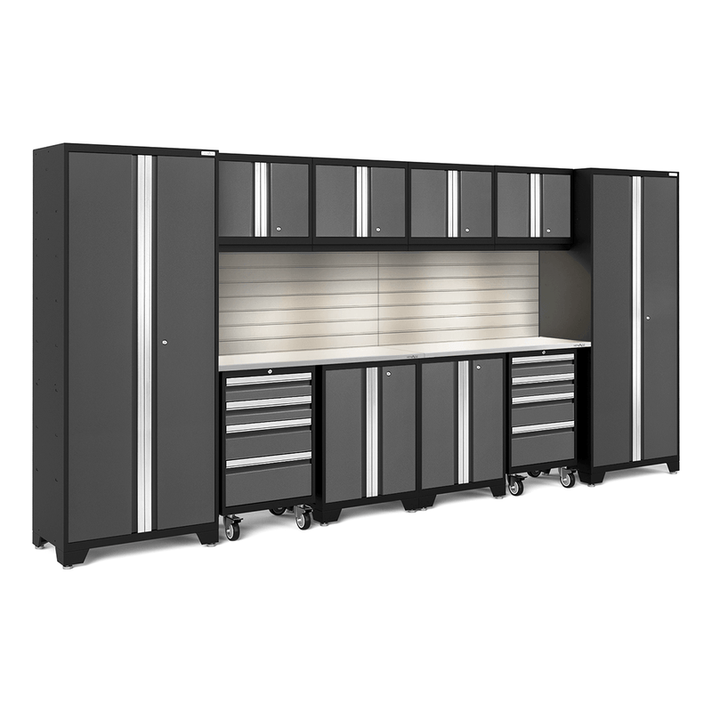 NewAge Products Bold Grey 12-Piece Garage Cabinet Set with Stainless Steel Worktops, LED Lights and Steel Slatwall Backsplash
