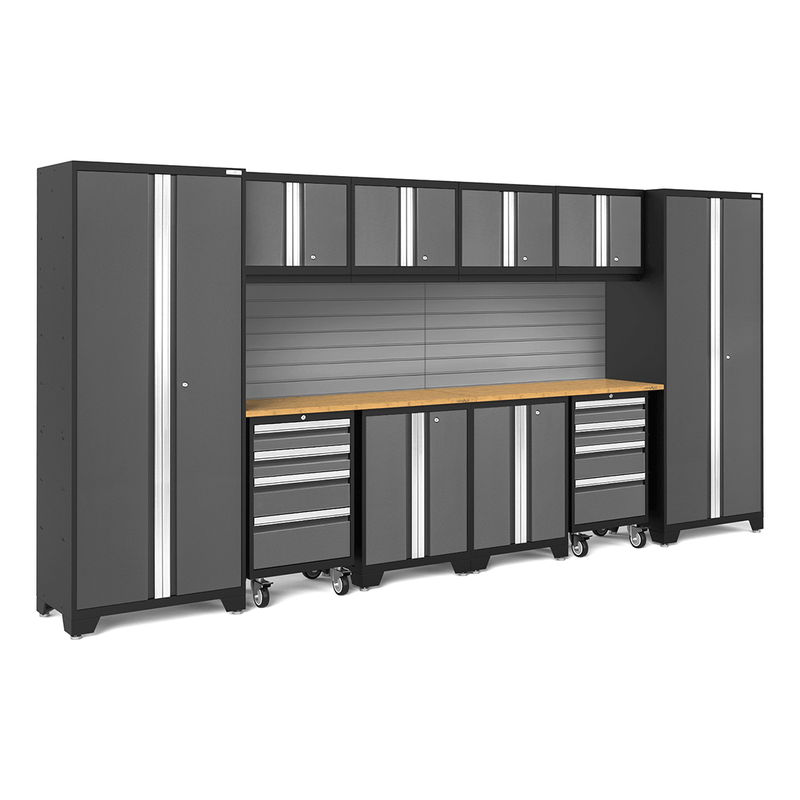 NewAge Products Bold Grey 12-Piece Garage Cabinet Set with Bamboo Worktops and LED Lights