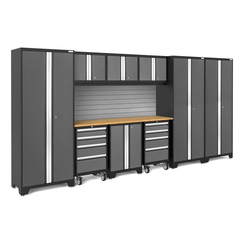 NewAge Products Bold Grey 10-Piece Garage Cabinet Set with Bamboo Worktop and Steel Slatwall Backsplash
