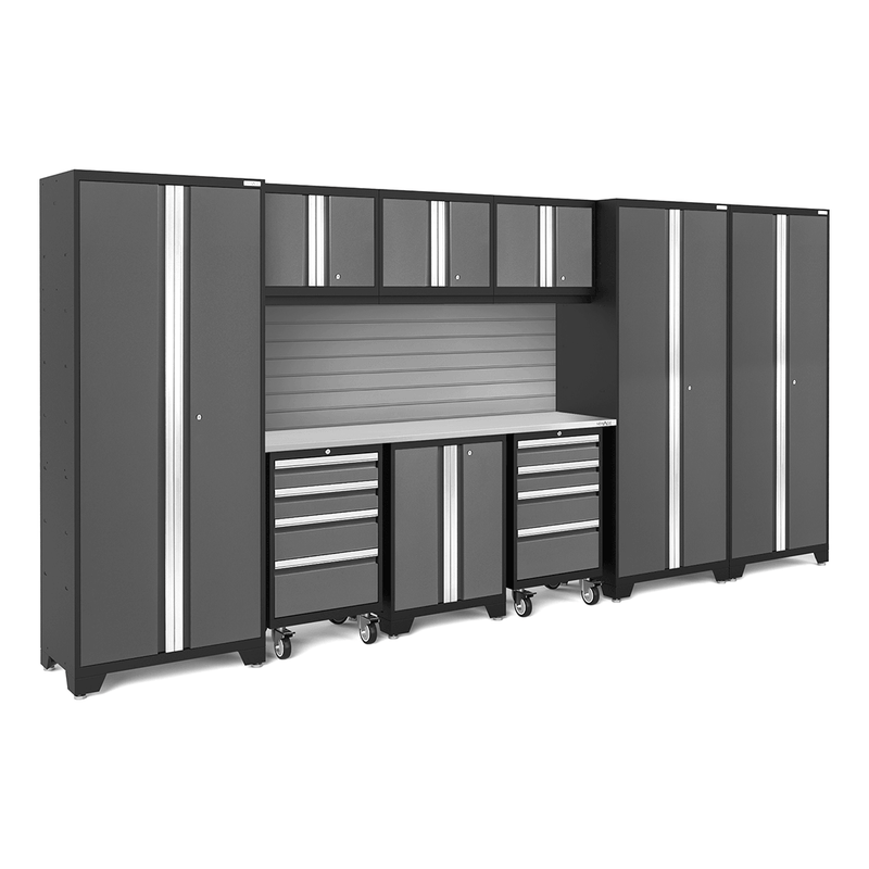 NewAge Products Bold Grey 10-Piece Garage Cabinet Set with Stainless Steel Worktop and Steel Slatwall Backsplash