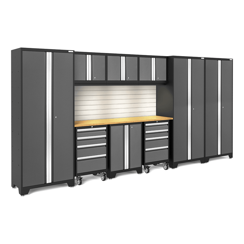 NewAge Products Bold Grey 10-Piece Garage Cabinet Set with Bamboo Worktop, LED Lights and Steel Slatwall Backsplash