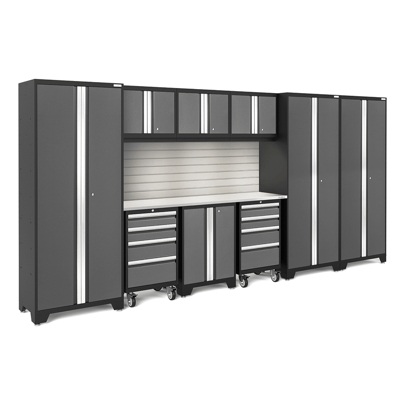 NewAge Products Bold Grey 10-Piece Garage Cabinet Set with Stainless Steel Worktop, LED Lights and Steel Slatwall Backsplash
