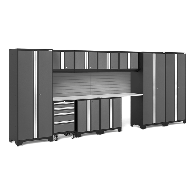 NewAge Products Bold Grey 12-Piece Garage Cabinet Set with Stainless Steel Worktops and Steel Slatwall Backsplash