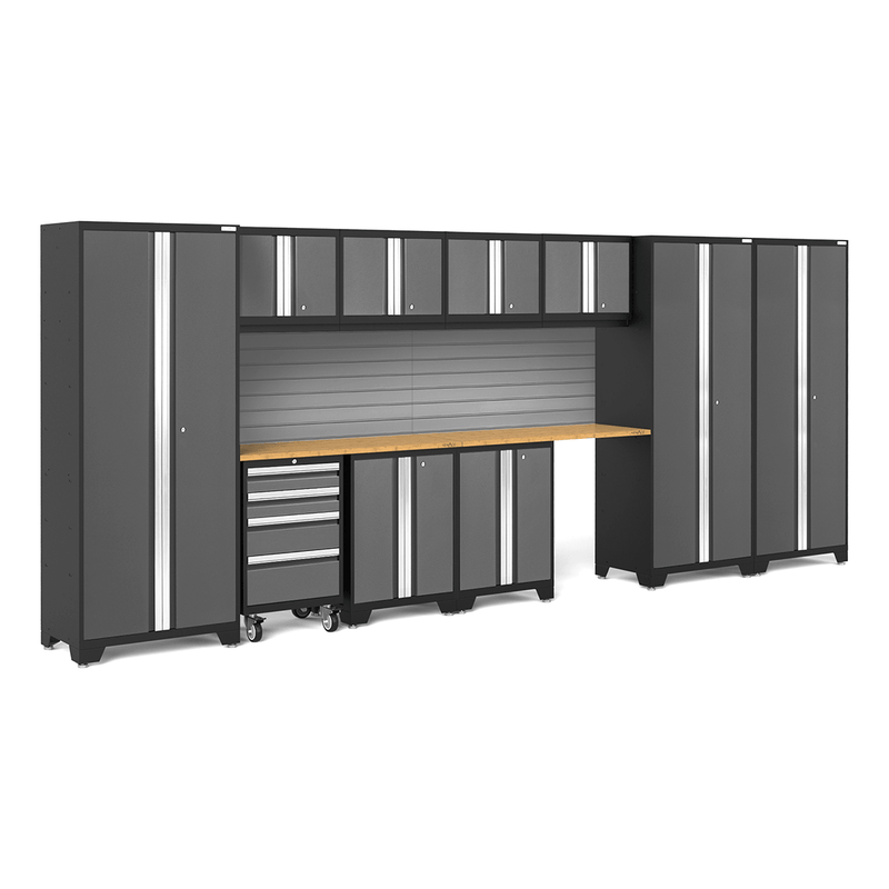 NewAge Products Bold Grey 12-Piece Garage Cabinet System with Bamboo Worktops and Steel Slatwall Backsplash