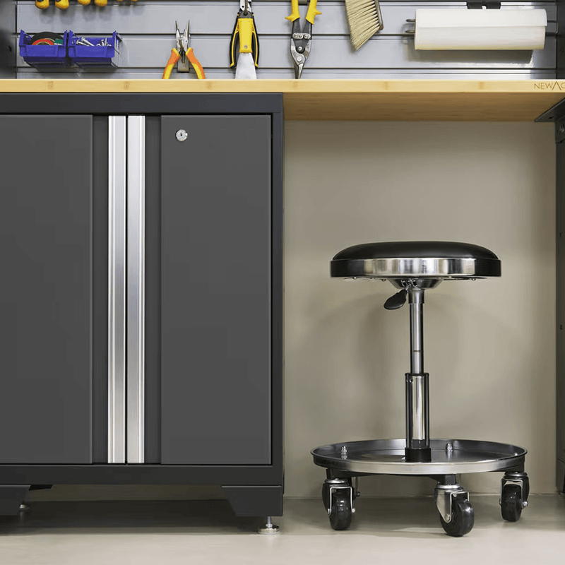 NewAge Products Bold Grey 12-Piece Garage Cabinet System with Bamboo Worktops and Steel Slatwall Backsplash