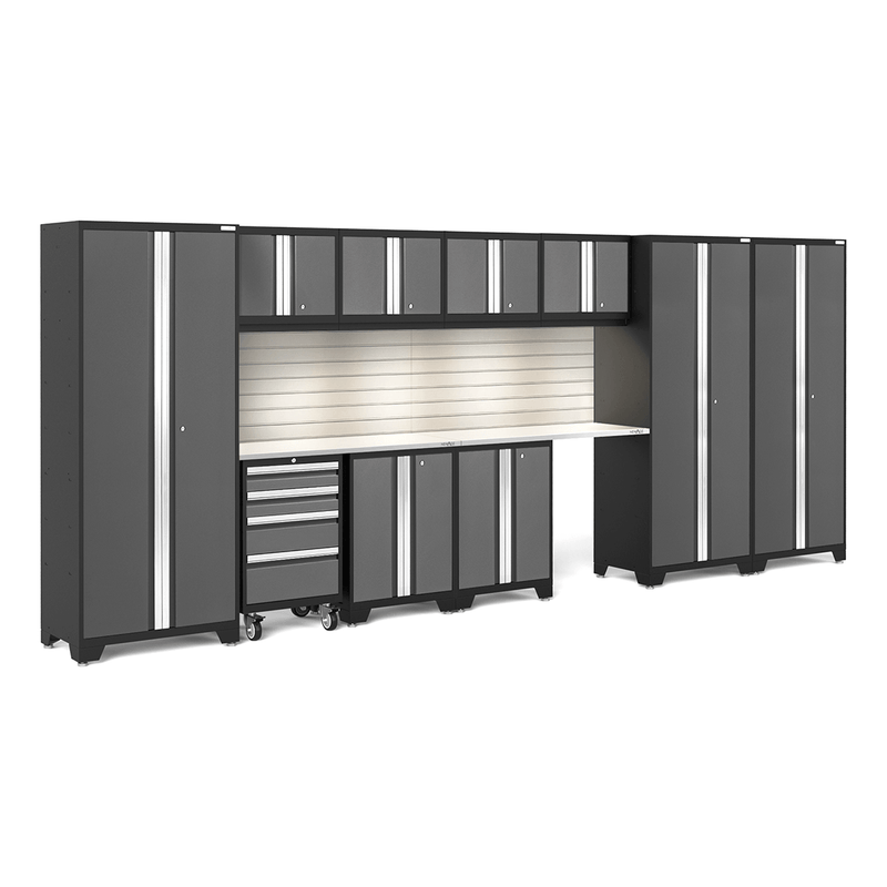 NewAge Products Bold Grey 12-Piece Garage Cabinet System with Stainless Steel Worktops, LED Lights and Steel Slatwall Backsplash