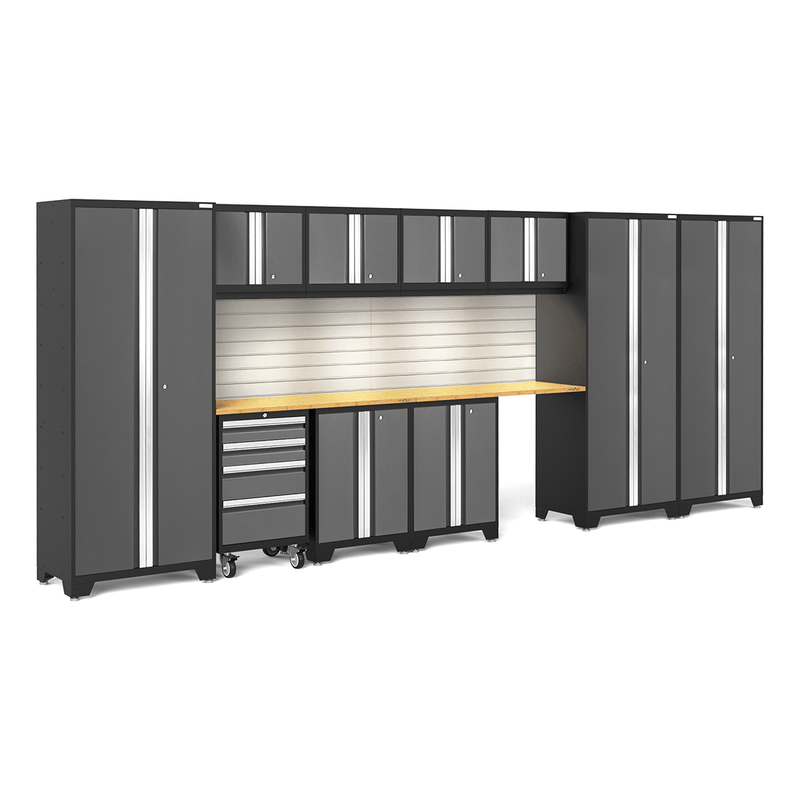 NewAge Products Bold Grey 12-Piece Garage Cabinet System with Bamboo Worktops, LED Lights and Steel Slatwall Backsplash