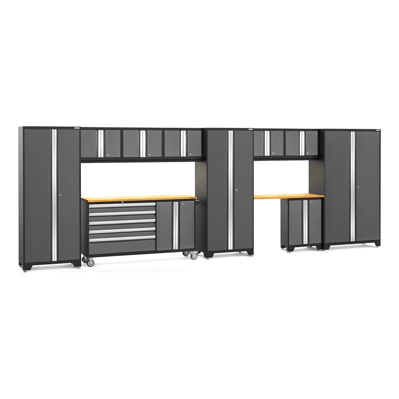 NewAge Products Bold Grey 12-Piece Garage Cabinet System with Bamboo Worktops and LED Lights