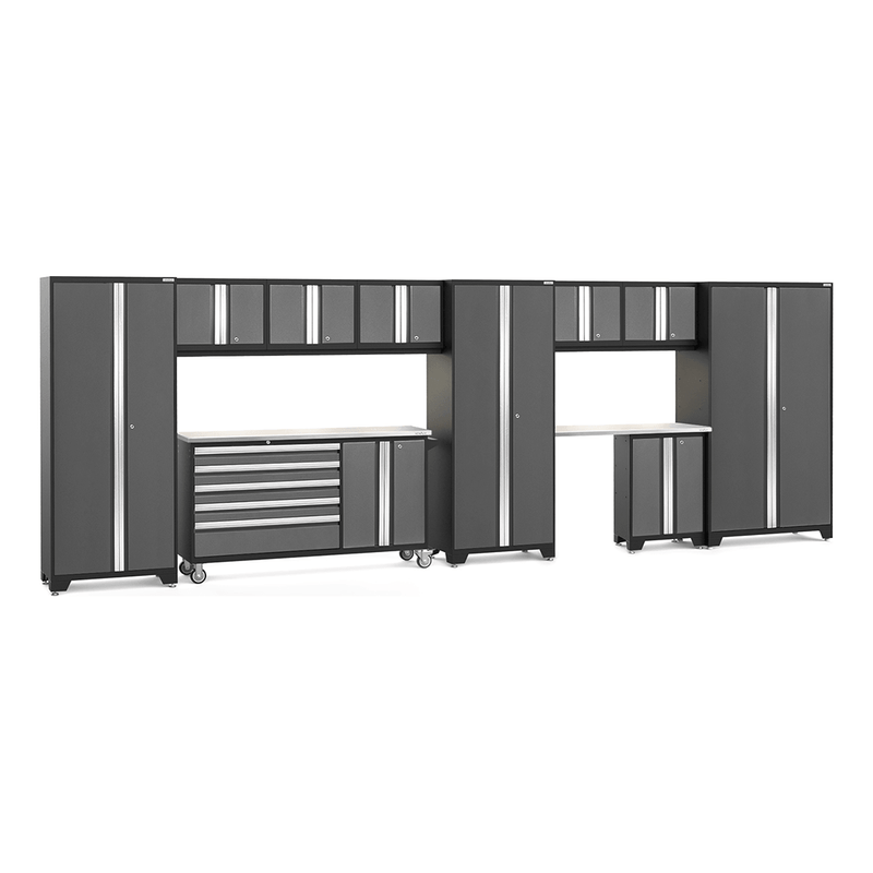 NewAge Products Bold Grey 12-Piece Garage Cabinet System with Stainless Steel Worktops and LED Lights