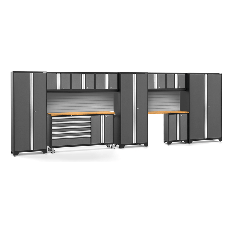 NewAge Products Bold Grey 12-Piece Garage Cabinet System with Bamboo Worktops and Steel Slatwall Backsplash