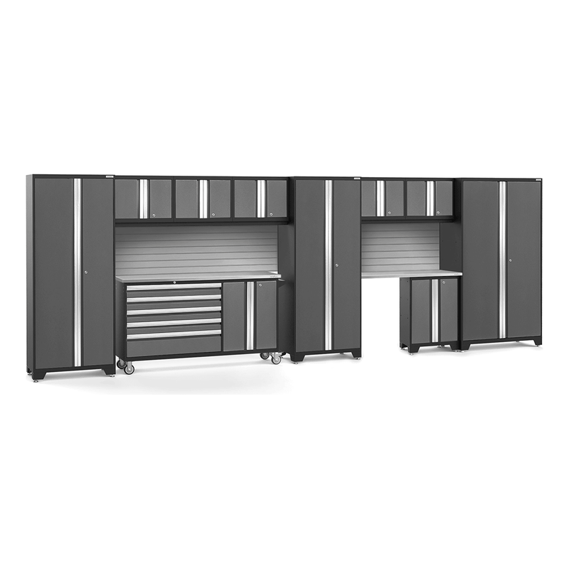 NewAge Products Bold Grey 12-Piece Garage Cabinet System with Stainless Steel Worktops and Steel Slatwall Backsplash