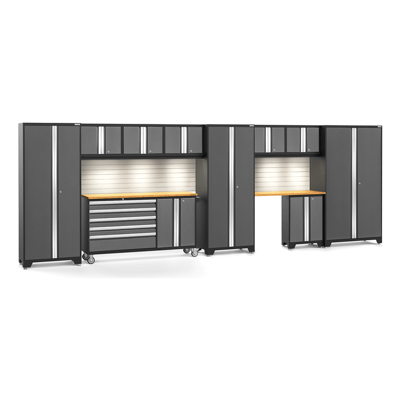 NewAge Products Bold Grey 12-Piece Garage Cabinet System with Bamboo Worktops, LED Lights and Steel Slatwall Backsplash