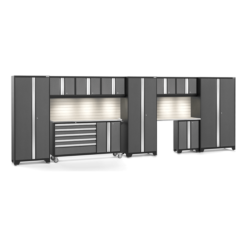 NewAge Products Bold Grey 12-Piece Garage Cabinet System with Stainless Steel Worktops, LED Lights and Steel Slatwall Backsplash