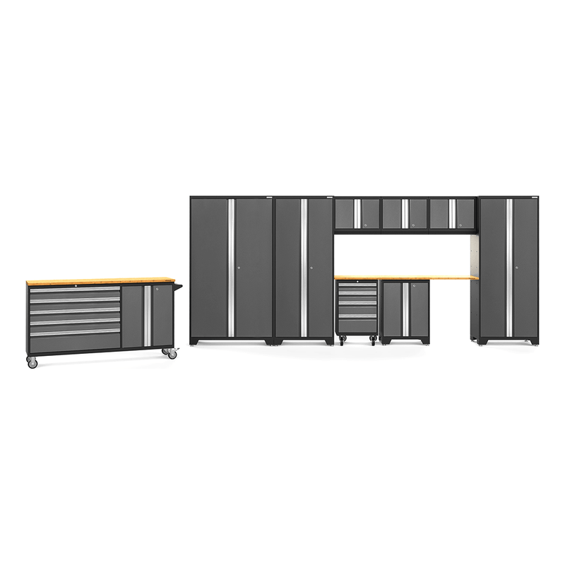 NewAge Products Bold Grey 11-Piece Garage Cabinet System with Bamboo Worktops and LED Lights