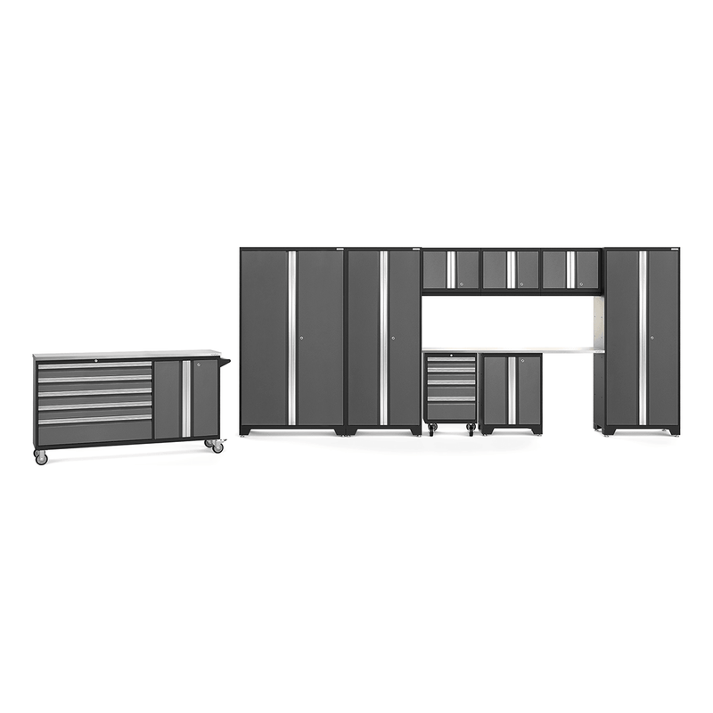 NewAge Products Bold Grey 11-Piece Garage Cabinet System with Stainless Steel Worktops and LED Lights
