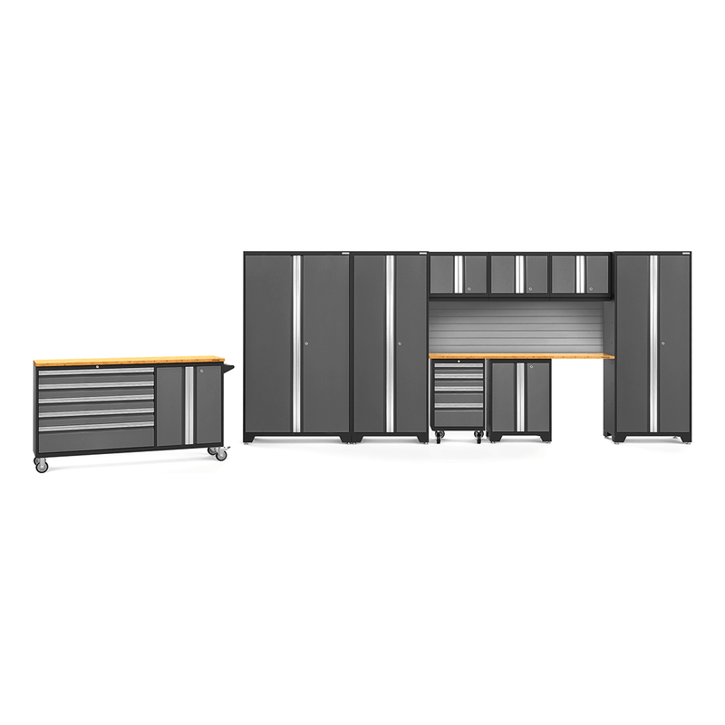 NewAge Products Bold Grey 11-Piece Garage Cabinet System with Bamboo Worktops and Steel Slatwall Backsplash