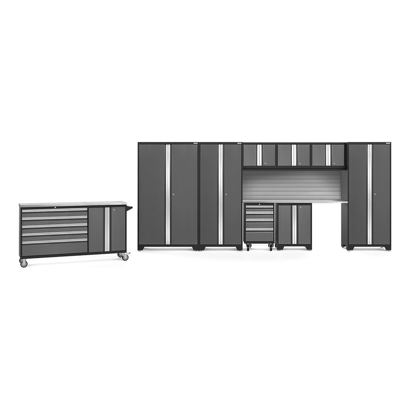 NewAge Products Bold Grey 11-Piece Garage Cabinet System with Stainless Steel Worktops and Steel Slatwall Backsplash