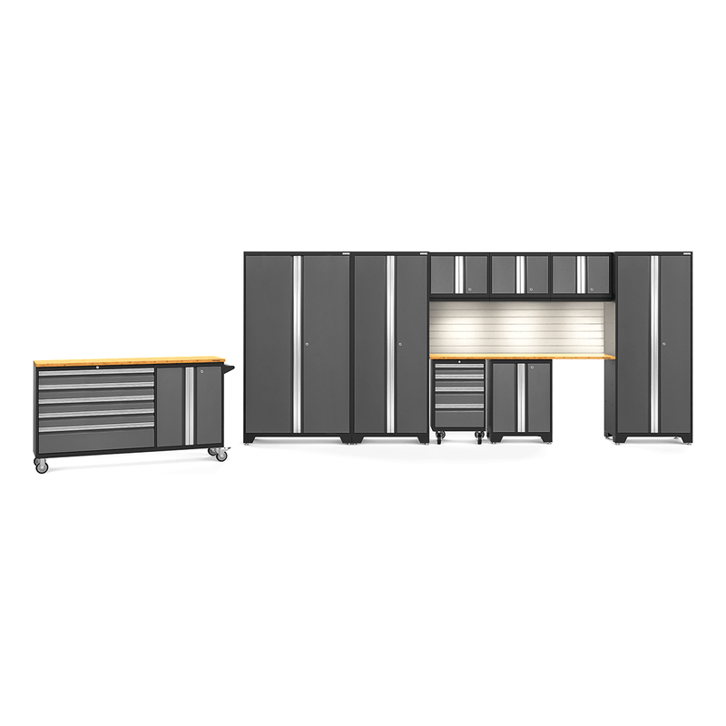 NewAge Products Bold Grey 11-Piece Garage Cabinet System with Bamboo Worktops, LED Lights and Steel Slatwall Backsplash