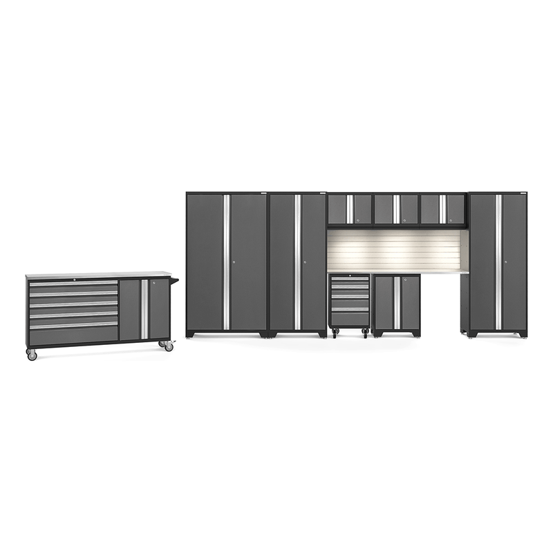 NewAge Products Bold Grey 11-Piece Garage Cabinet System with Stainless Steel Worktops, LED Lights and Steel Slatwall Backsplash